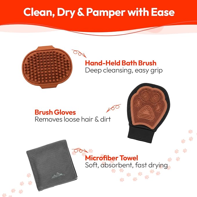 PM Pet Grooming Tools for Dogs & Cats- 3 Pack Dog Bathing Set- Safe On Skin Super-Absorbent Microfiber Towel – Soft & Gentle Brush Glove and Hand-Held Dog Bath Brush- Paw Mountain