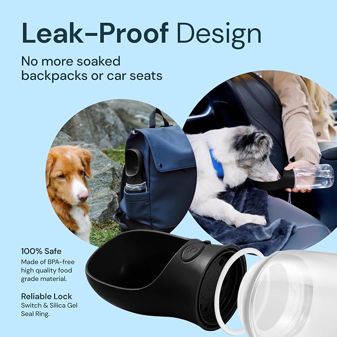 MalsiPree Dog Water Bottle Dispenser - 12 oz Black, Leak-Proof | 12oz leak-proof bottle - one-hand use - built-in bowl - Use for dog walks, travel, hiking & beach days