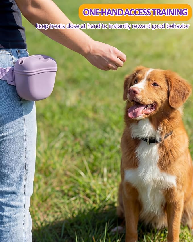 One-Hand Access 2-Pack Silicone Dog Treat Pouches with 2 Training Clickers - Magnetic Auto-Closing Lid, Extended Waist Belt, Pocket-Sized for Walks