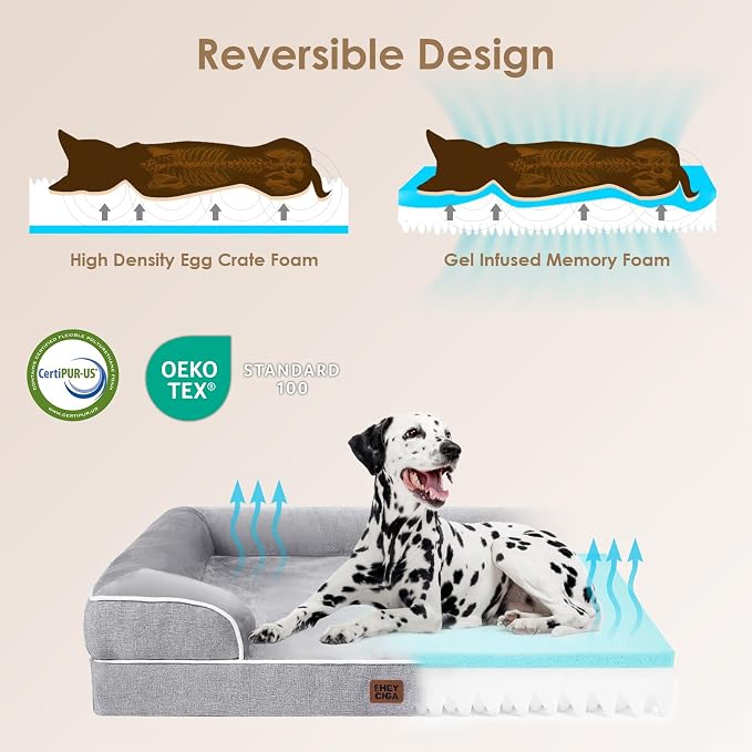 EHEYCIGA Orthopedic Dog Beds for Extra Large Dogs 44x32Inch, Polyurethane Foam XL Pet Bed with Sides, Non-Slip and Egg-Crate Foam Big Dog Couch Bed with Washable Removable Cover, Grey