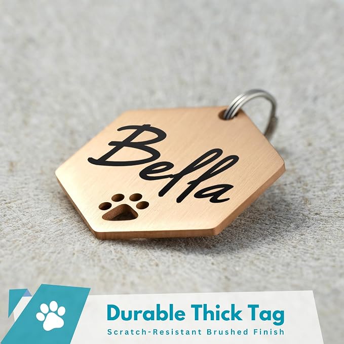Ultra Joys Dog Tags Personalized for Pets - Hollow Paw Custom Pet ID Tag - Engraved Dog Tag for Small, Large Dogs - Large Hexagon in Rose
