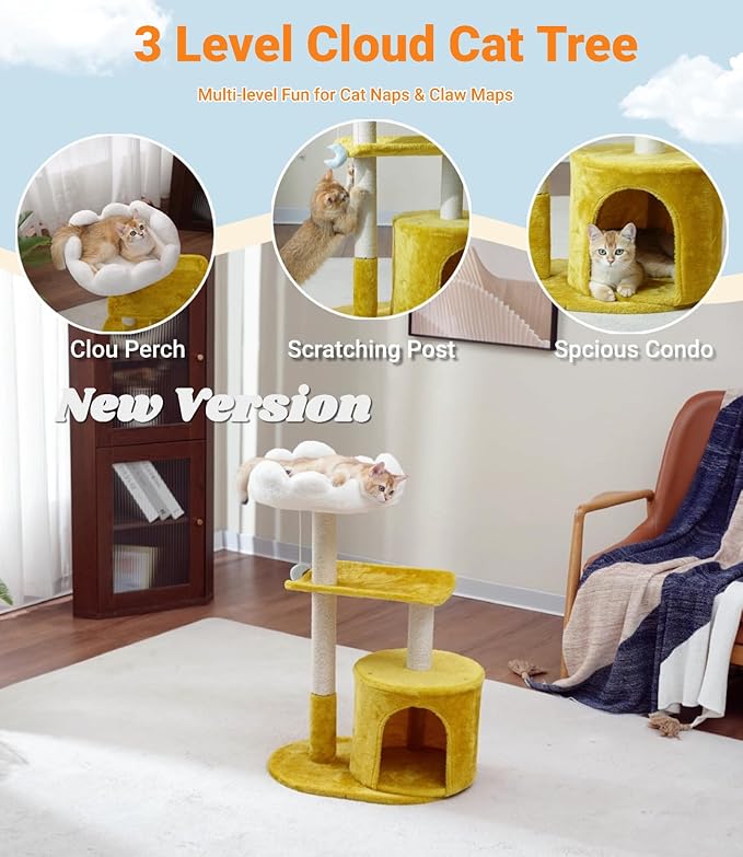 33" Cloud Cat Tree Tower, Cozy Bed & Large Condo for All Cats | 33" Multi-Level Cat Tower, Scratching Posts, Viewing Perch & Toys, Stable Structure, Padded Bed, 13.7"x11.8" Cat Condo