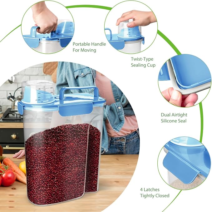 Viretec Rice Storage Container, 5 to 10lb Dry Food Airtight Dispenser, Pet Dog Cat Food Canister, BPA Free Clear Plastic Kitchen and Pantry Bin for Oatmeal, Cereal, Pasta, Flour Pack of 2 Blue