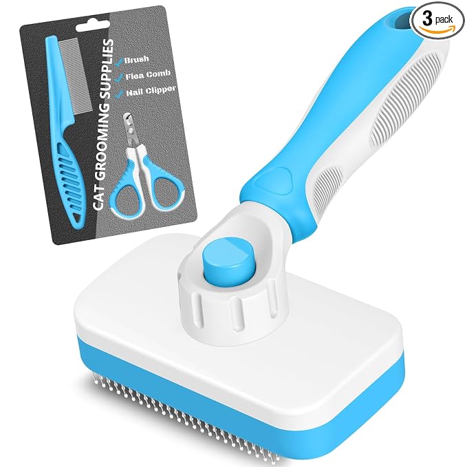 3PCS Cat Grooming Supplies, Cat Brush & Nail Clipper/Trimmer & Flea Comb for Shedding Indoor Cats Essentials Stuff Accessories (Blue)