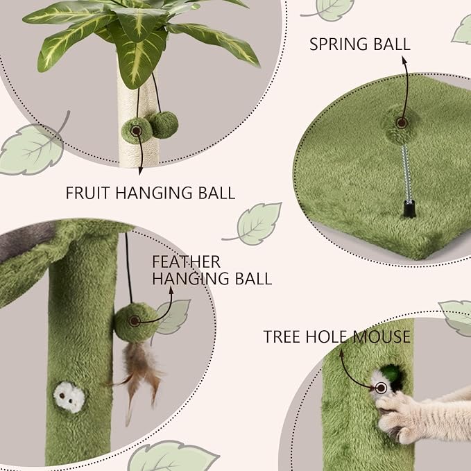 MECOOL Cat Tree for Indoor Cats 35" Tall Cat Scratching Post with Large Cat Hammcok and Hanging Ball Toys Plant Green