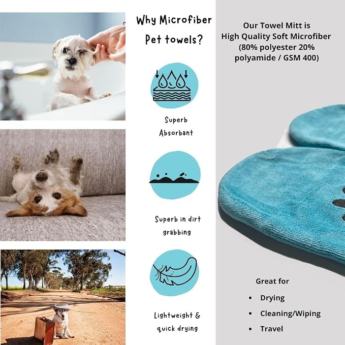 Penny & Niko Microfiber Pet Towel Mitts - Paw Cleaning and Drying Mitts/Gloves for Dogs and Cats (Sky Blue, Standard - 4 Pack)