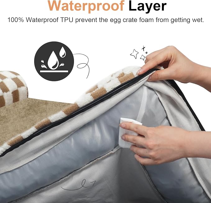 NANUYA Orthopedic Dog Bed for Large Dogs, 38 x 25 Inch, Brown Grid | Egg crate foam for joint support, 3-sided bolster pet sofa, waterproof lining, washable cover, and non-skid base