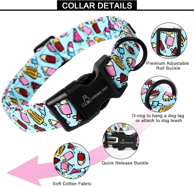 ARING PET Summer Dog Collar, Cute Blue Ice Cream Doggy Collars for Puppy Small Medium Large Boy Girl Dogs Pet, for Daily Photos Outdoor Beach Walking Picnic, S