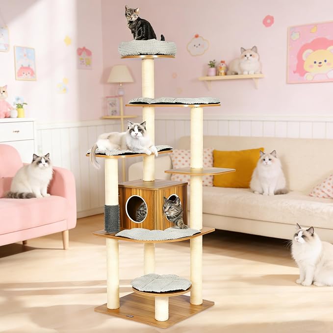 Tall Wooden Cat Tree, 69.3 Inch Modern Cat Tower for Indoor Cats, Multi-Level Cat Condo with 5 Scratching Posts, Perch, Cat Furniture for Big Cats, Rustic Brown