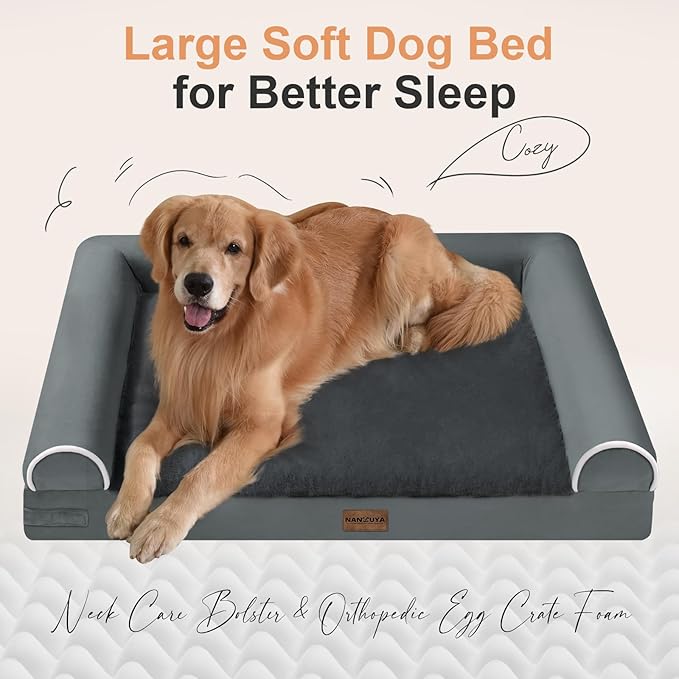NANUYA Orthopedic Dog Bed for XX-Large Dogs, 44 x 34 Inch, Dark Grey | Egg crate foam for joint support, 3-sided bolster pet sofa, waterproof lining, washable cover, and non-skid base