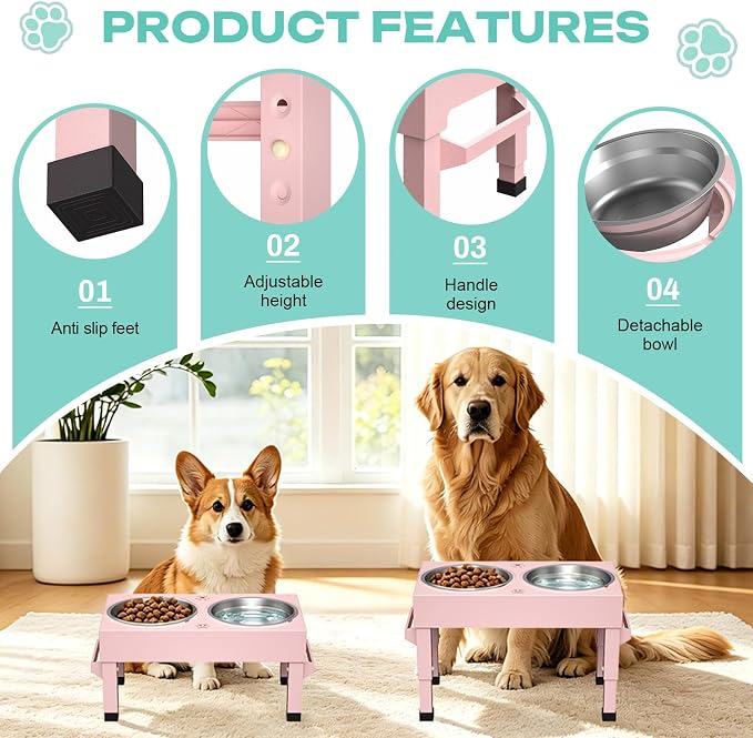 Elevated Dog Bowls Stand Large Breed, Height Adjustable Raised Dog Bowls Holder with 2 Stainless Steel Food Bowls for Small, Medium and Large Canine，Pink