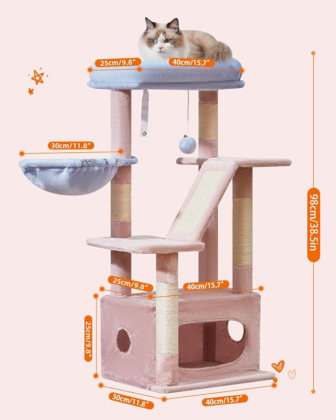 Taoqimiao Cat Tree, 38.5In Cat Tower for Indoor Cats, Suitable for Kittens | Thick Padded Top Perch, Luxurious Cat Condo, Adjustable Basket, 1-Piece Ramp Scratcher, 3 Sisal Posts, Pink&Blue, MS029SPB