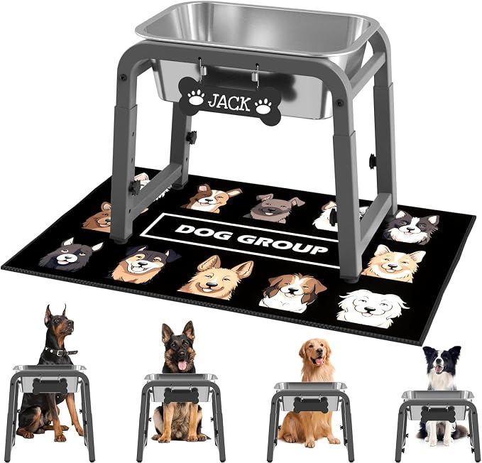 1.2 Gallon Elevated Dog Water Bowl, Height Adjustable (10.4–15.2'') Raised Stainless Steel Bowl with Spill-Proof Mat & Sturdy Metal Stand, Tip-Proof, Easy to Clean, Indoor & Outdoor Use