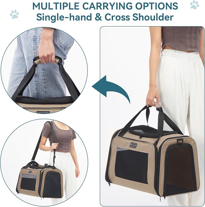 PETSFIT Soft-Sided Cat Carrier for Medium Cats up to 25 lbs, Foldable Pet Travel Bag with Washable Mat, Multiple Entry, Ventilated, for Car Trips & Vet Visits – NOT Airline Approved
