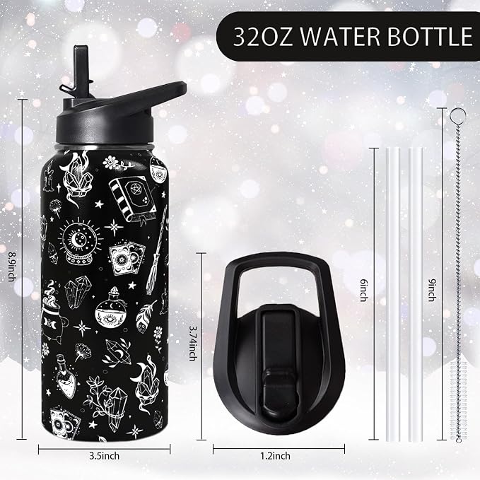 32oz Witch Insulated Aater Water Bottle with Straw Gym Hiking Sports Coffee Mug Cup Water Bottles,Halloween Gifts for Women,Goth Decor Stuff Accessories