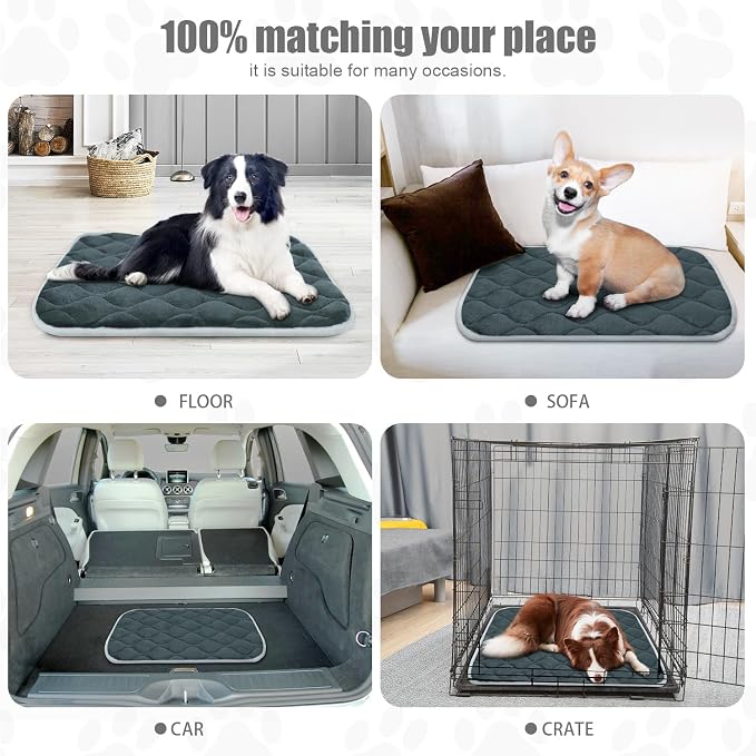 Dog Bed Mat Crate Pad, Anti-Slip Bottom Machine Washable Pet Pad | Thick lightweight mat with anti-slip bottom, machine washable. Ideal for dogs, cats in crates, home & car, XL 48x30'', Grey