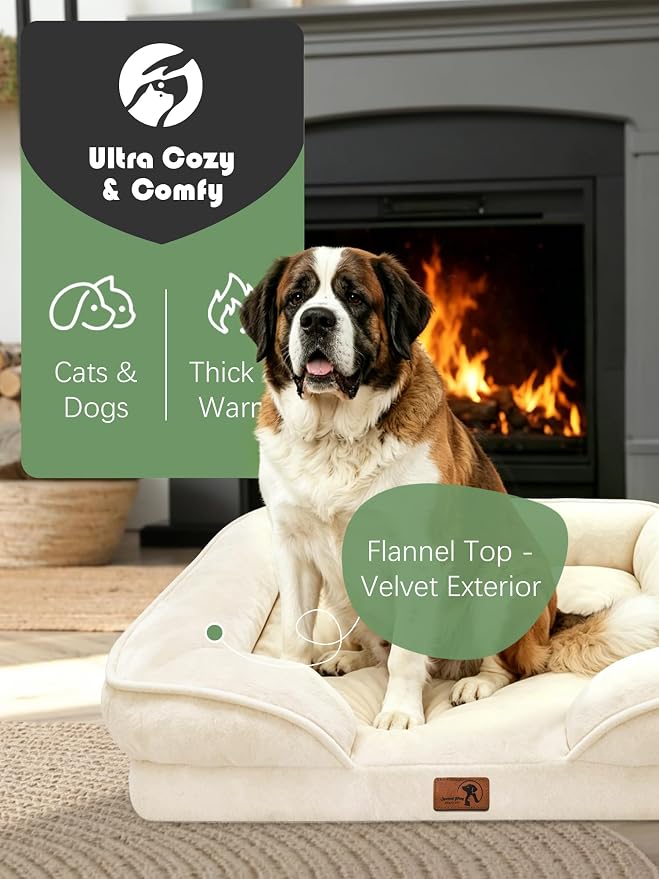 Spotted Play Orthopedic Dog Bed with Sides - Sofa Beds for Extra Large Dogs, Supportive Foam Pet Couch Bed with Washable Removable Cover, Waterproof Lining and Non-Slip Bottom, Ivory - XXL