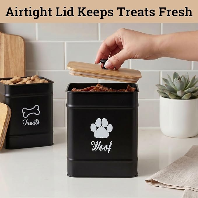 Dog Treat Container Airtight Set of 2 - 8x6 & 7x5 inch Iron Dog Treat Jars for Kitchen Counter with Airtight Bamboo Lids - 20 Cup Capacity Pet Treat Container Set - Doggie Cookie Jar - Treats Canister | Fits All Popular Treats, Up to 20 Cups Combined C...