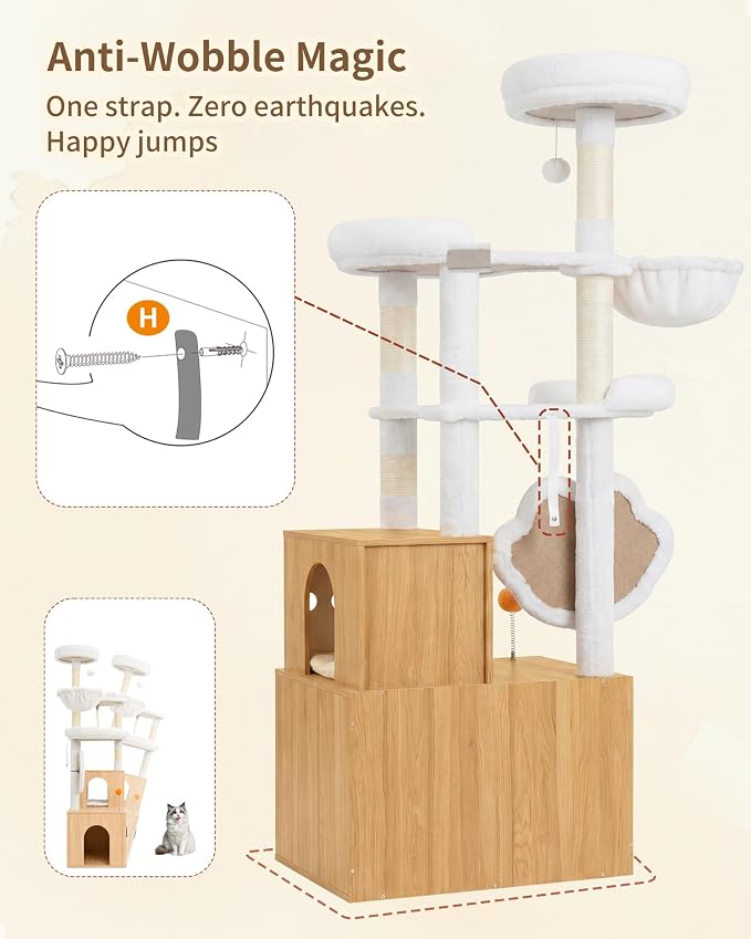 Heybly Cat Tree with Litter Box Enclosure, Modern 64" Hidden Tower HCT105BT | All-in-One Solid Wood Cat Condo for Indoor Cats with Paw-Shaped Board, Multi-Level Perch & Playzone, White Oak