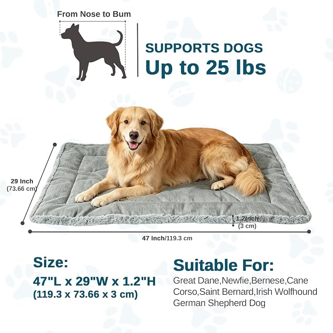 Reversible Dog Crate Mat for X-Large Dogs,Oxford&Fleece,47"x29",Light Gray | 1.2" Fill Preserves Crate Height,Fleece Cozy,Wipes Clean,Splash-Proof,Machine Washable, Folds Flat For 30" Wire Crate & Go