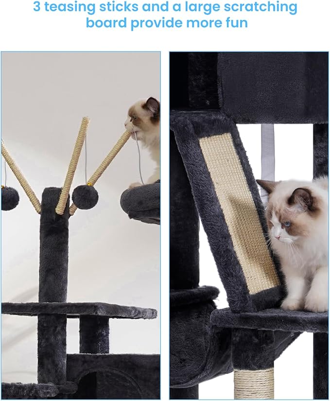 Hey-brother Cat Tree Tower with Padded Platform Bed, Hammock, MPJ019-SG | 53 Inches Cat House with Large Cozy Condo, Toy Balls and Sisal Scratching Posts for Indoor Multi-Cats, Smoky Gray