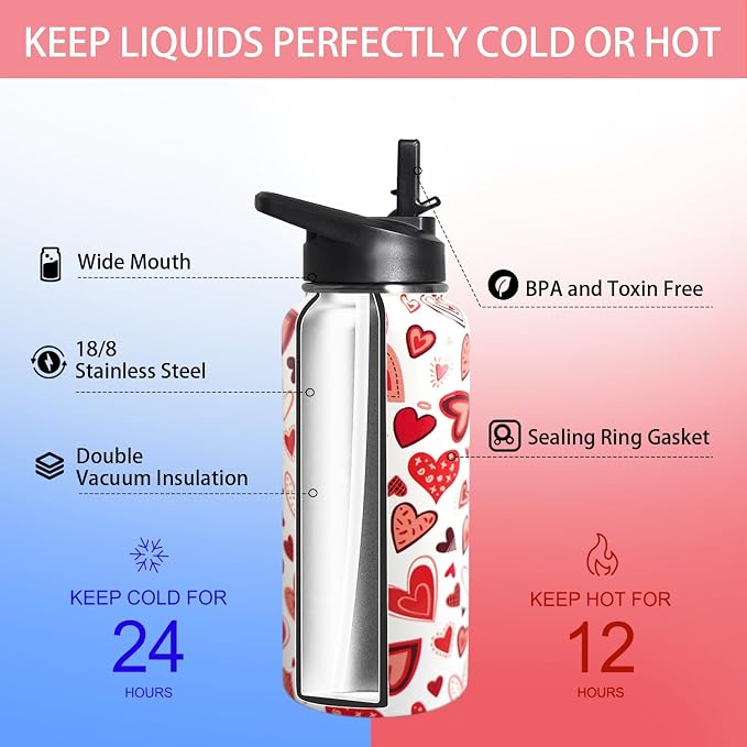 32oz Valentine Insulated Aater Water Bottle with Straw,Pink Gym Hiking Sports Coffee Mug Cup Water Bottles,Valentine Gifts for Women,Valentine Decor Stuff Accessories