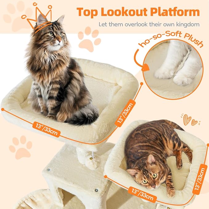 Taoqimiao Large Cat Tree, 73 in Tall Cat Tower with 2 Plush Big Cat Condos | 9 Scratching Posts, 2 Top Perches, Cozy Hammock & Basket, Indoor Cats, 2 Pompoms & Mouse Toy, Beige, MS013XLM