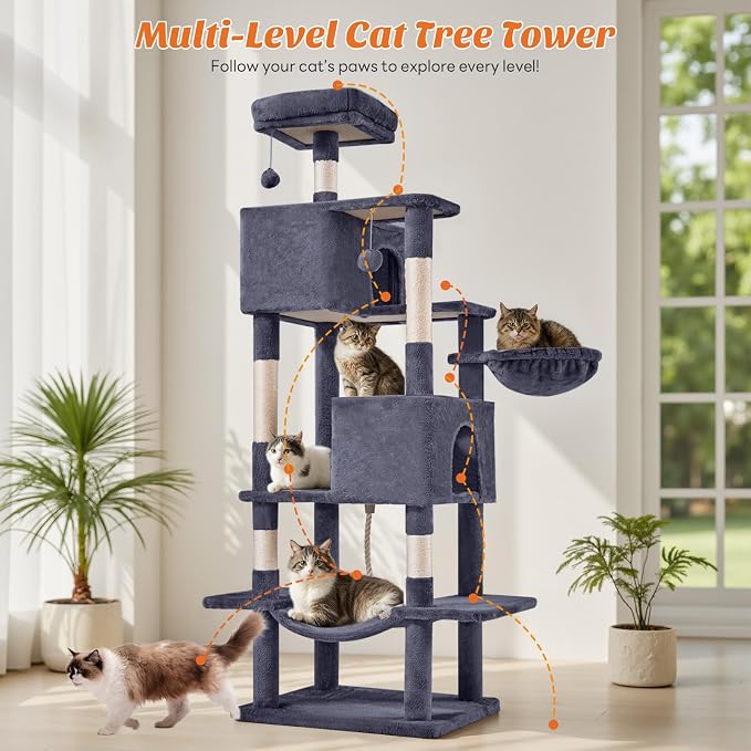 DUMOS Large 66 Inch Cat Tree Tower with Scratching Posts, Indoor Use | Tall Multi Level Cat Climbing Tower with Hammock, Pet Condo for Cats and Kittens Play, Dark Grey