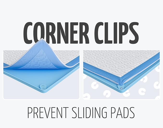 TidyFriend Dog Pee Pad Holder Tray Fits for 30” x 23” Pee Pads with Corner Lock Holes, Raised Edges, Non-Spill, Easy to Clean Silicone Dog Potty Tray Holder, for Indoor Floor Protection (Blue)