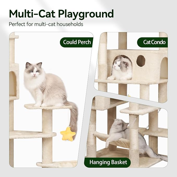 Meecal 79 Inch Tall Cat Tree Tower for Large Indoor Adult Cats, Beige | Extra Large Cat Tree with Scratching Post, Plush Condo, Perch, Hammock & Toys, Multi-Level Indoor Activity Center, Heavy Duty