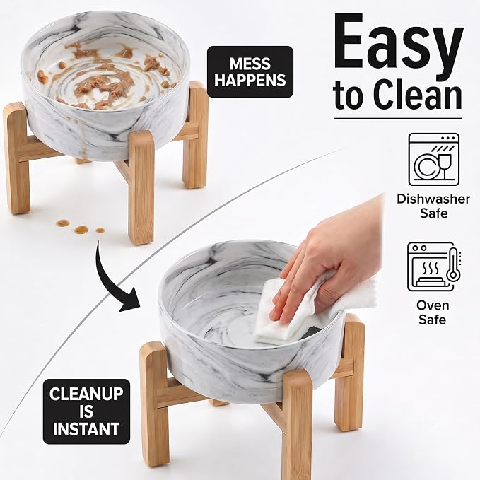 hjn Elevated Ceramic Dog Bowl 15°Slanted Raised Dog Bowl with Bamboo Stand for Small Medium Dogs and Cats, Pet Feeder -7.6-Cup (1800ml)-Marble Gray