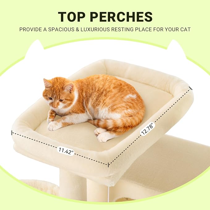 Allewie 64 Inches Multi-Level Cat Tree Tower for Indoor Cats, Beige | Activity Center for Big Felines, 2 Plush Condos, 2 Perches, Cozy Basket, House, Sisal Scratching Posts, Hanging Cat Toys