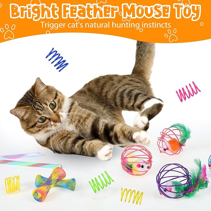 100 Pcs Cat Springs Toys Pack for Indoor Kitten Colorful Cat Supplies Include Interactive Plastic Spring Metal Cage Balls Rolling Mesh Tubes for Kitten Stray Cats to Play Hunt