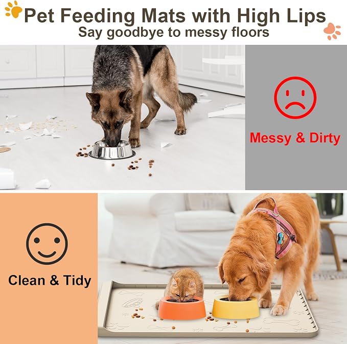 Dog Food and Water Mat 28x20 Inch Sand Color - Non-Slip Silicone Mat with High Edges & Residue Pocket - Waterproof Pet Feeding Mat for PET