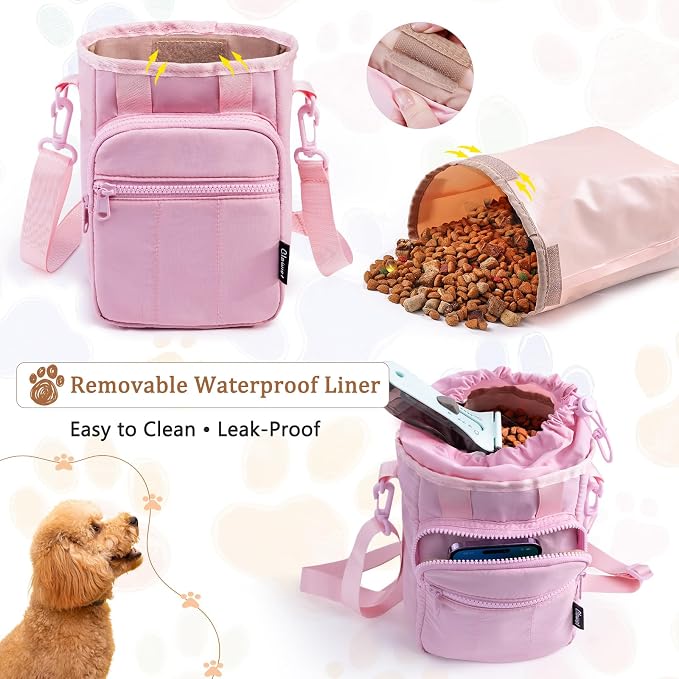 Stylish Dog Training Treat Pouch with Waist & Shoulder Strap, Dog Treat Bag for Walking and Training, Removable Waterproof Liner, Drawstring Treat Holder with Front Pocket & Clicker