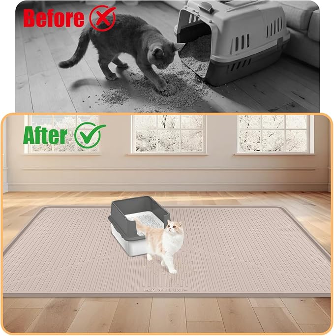Silicone Cat Litter Mat 45" x 30" Cat Mat for Litter Box, Khaki | Extra Large Cat Litter Trapping Mat for Floor, Waterproof, Non-Slip Kitty Litter Box Mat with Raised Edge, Easy to Clean