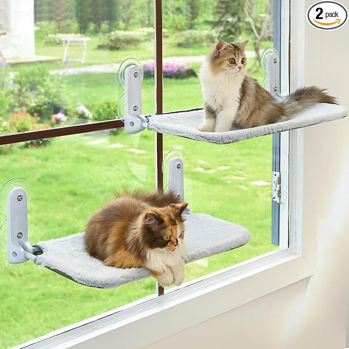 Zoratoo 2PC Cat Window Perch, Foldable & Cordless with Metal Frame, M Gray | 2-in-1 Reversible Cover, Removable for Machine Wash, Stable Window Resting Seat with Large Suction Cups for Indoor Cats