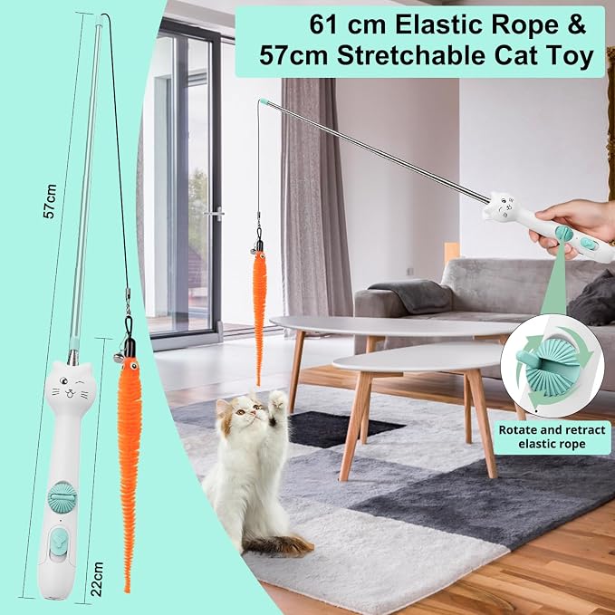 TBTeek Cat Toy, 2in1 Light and 22" Retractable Pole with Feather, Rechargeable, 5 Modes, Interactive Wand Toy for Indoor Cat Kitten Dog 3 Refills | with Light and 22" Retractable Pole with Feather,Rechargeable,5 Modes, 2in1 Interactive Wand Toy 3 Refills