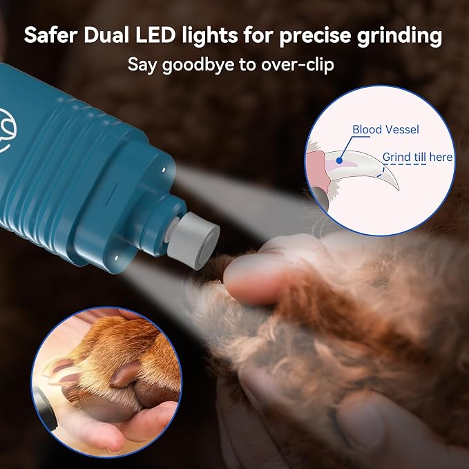 PAPIFFEED Dog Nail Grinder with LCD Display – Quiet Electric Nail Trimmer with Dual LED Light, Safe for Black & Thick Nails, Rechargeable for Small Medium Large Dogs & Cats (Blue)