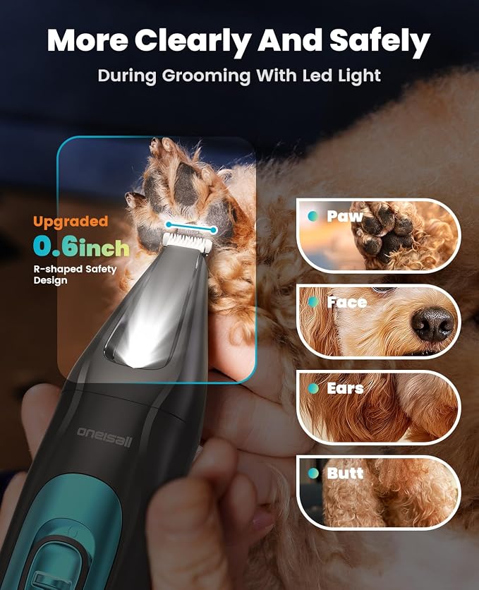 oneisall Professional 4-in-1 Dog Grooming Kit with LED Light | Quiet Clippers & Nail Grinder, Cordless, 3.7 hrs Runtime, LED Display, Safe for Paws, Face, Ears & Body