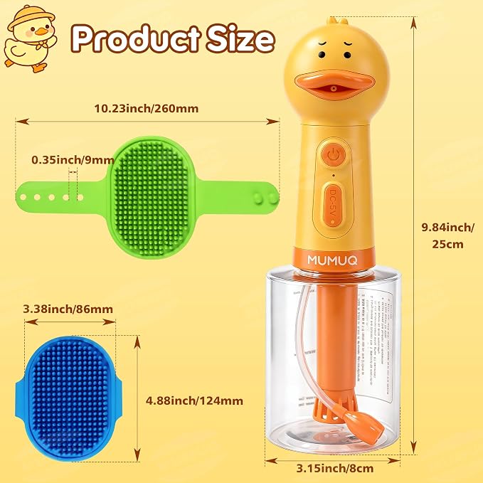 Electric Dog Shampoo Dispenser 500ml Rechargeable Duck-Shaped Pet Bath Dispenser with Auto-Mix Motor & 2 Adjustable Silicone Brushes, IPX7 Waterproof Dog Shampoo Frother for Gentle Cleaning