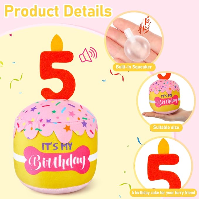 Dansydaisy Dog Birthday Cake Toy Squeaky Plush Toy for Girl Boy Gifts, Chew Accessories for Dog Birthday Party Decor Favor for Large, Medium and Small Dogs(5th,Pink and Yellow)