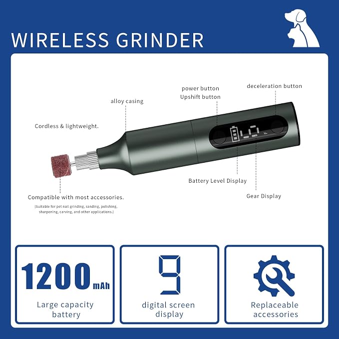 Rechargeable Dog Nail Grinder, 9 Speed Adjustable Ultra Quiet Electric Pet Nail Trimmer Painless Claw Care Grooming Tool for Small Medium Large Dogs Cats Puppy