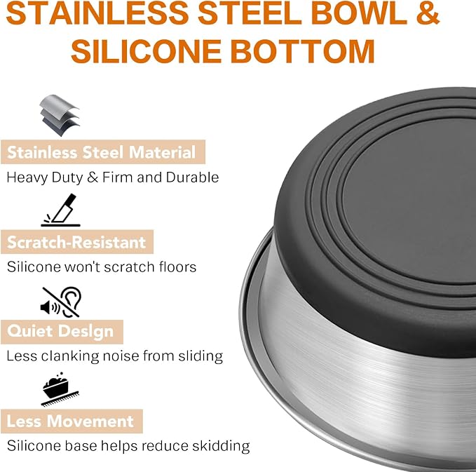 Stainless Steel Dog Bowls Set of 2, Extra Thick Metal Bowls, with Non-Slip Rubber Base Dog Bowl, BPA Free, Holds 2 Cups(16 fl oz), for Small Dogs & Cats, Black
