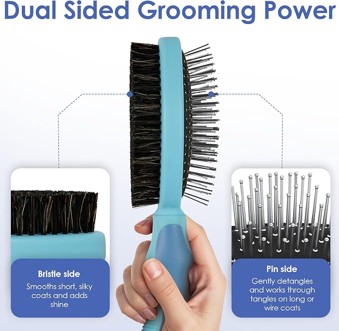 AKC Double-Sided Dog Grooming Brush, Bristle & Pin, Dogs & Cats | Soft bristles and stainless steel pins remove tangles, shedding and loose fur for all coat types.