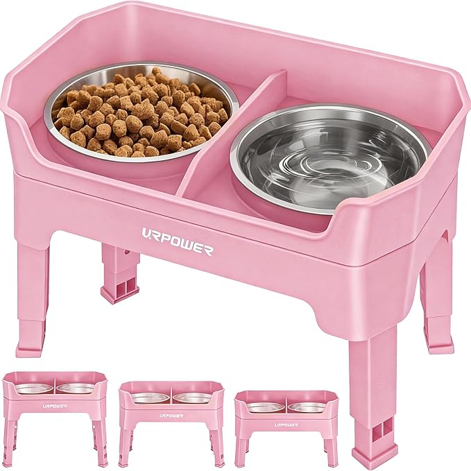 URPOWER 3-in-1 Elevated Dog Bowls - Mess Proof Double Deck 4 Height Adjustable Raised Stand with 2 Stainless Steel Food Bowls & Licking Plate for Small, Medium & Large Dogs