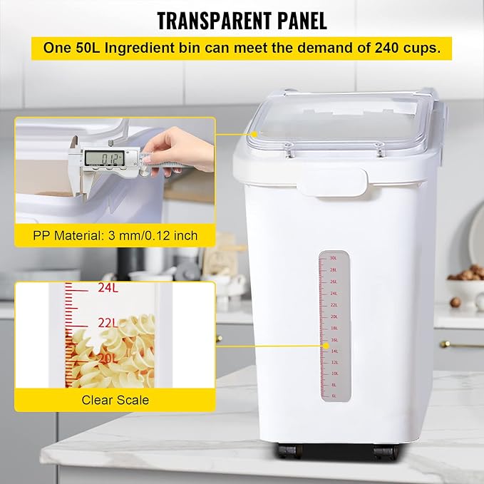 VEVOR Ingredient Storage Bin, 11.4 Gallon Capacity Shelf Ingredient Bin, 280 Cup Flour Bins on Wheels Commercial Prosave Shelf-storage Ingredient Bin with Lid and Scoop Rice Bin for Kitchen White | Ideal for Kitchen Rice, Dog Food, Flour, Sugar Storage...