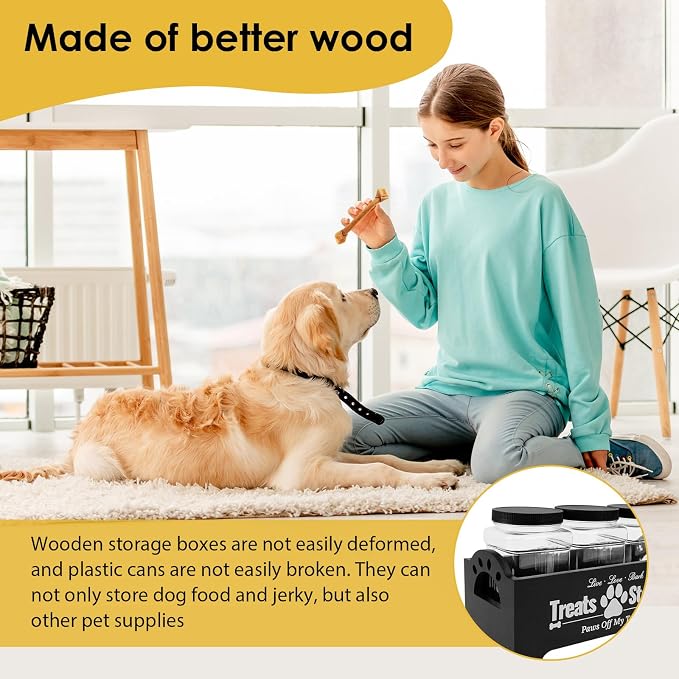 Dog Treat Container for Countertop Dog Food Storage with 3 Plastic Treat Jars Wood Dog Food Container with Handles and Lids Farmhouse Practical Pet Cat Dog Treat Storage Containers (black)