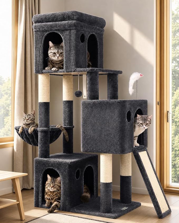 Globlazer Heavy Duty Cat Tree for Indoor Cats Large Adult, F52B, Dark Grey | 3 Condos, Extra-Large Baseboard, Removable Top Perch, 4 Sisal Posts & Board, Hanging Basket, Anti-Topple Strap, Easy Setup