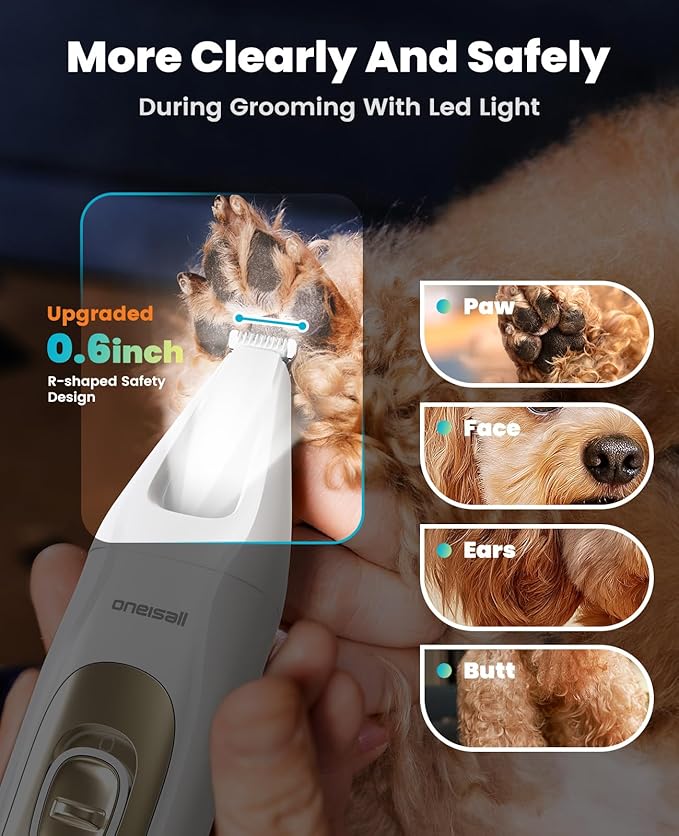 oneisall Quiet 4-in-1 Dog Grooming Kit with LED Light | Storage Bag, Clippers & Nail Grinder, Cordless, 3.7 hrs Runtime, LED Display, Safe for Paw, Nail, Face, Ears, Legs, Body